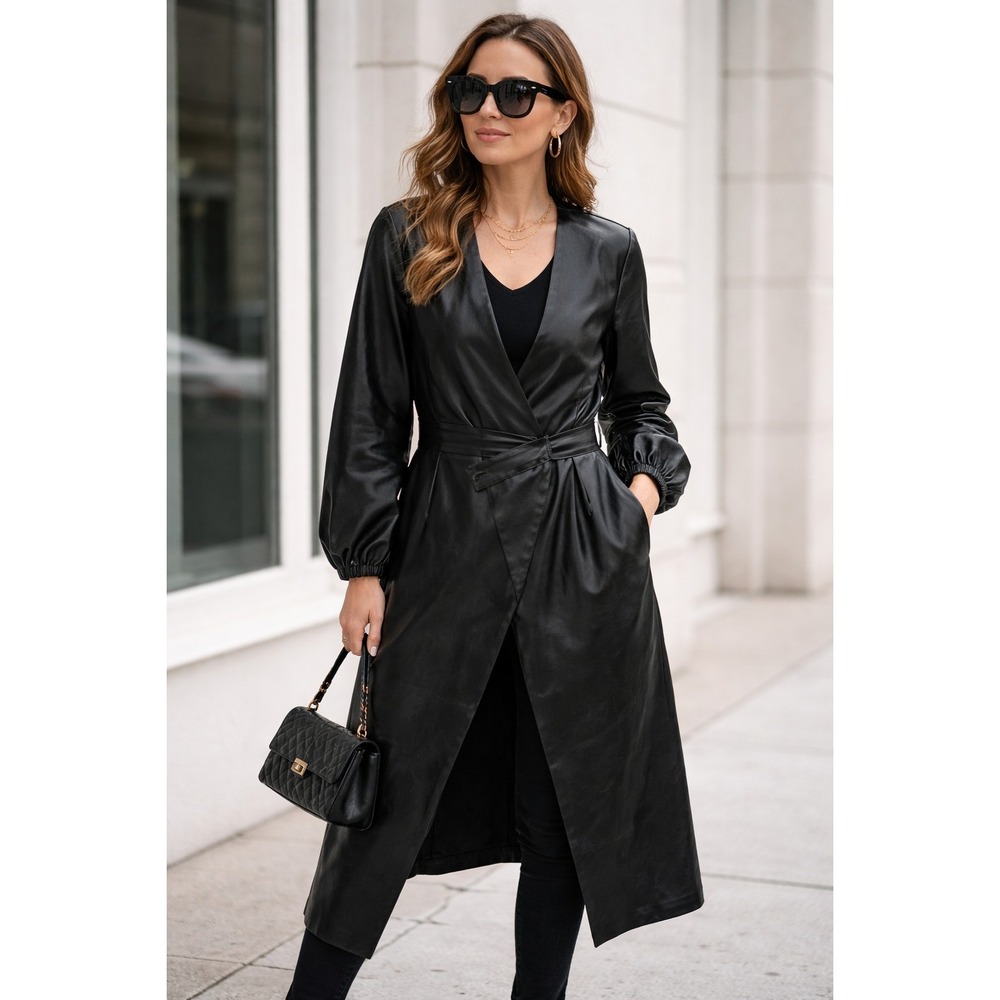 Black Faux Leather Wrap Trench Coat - Women